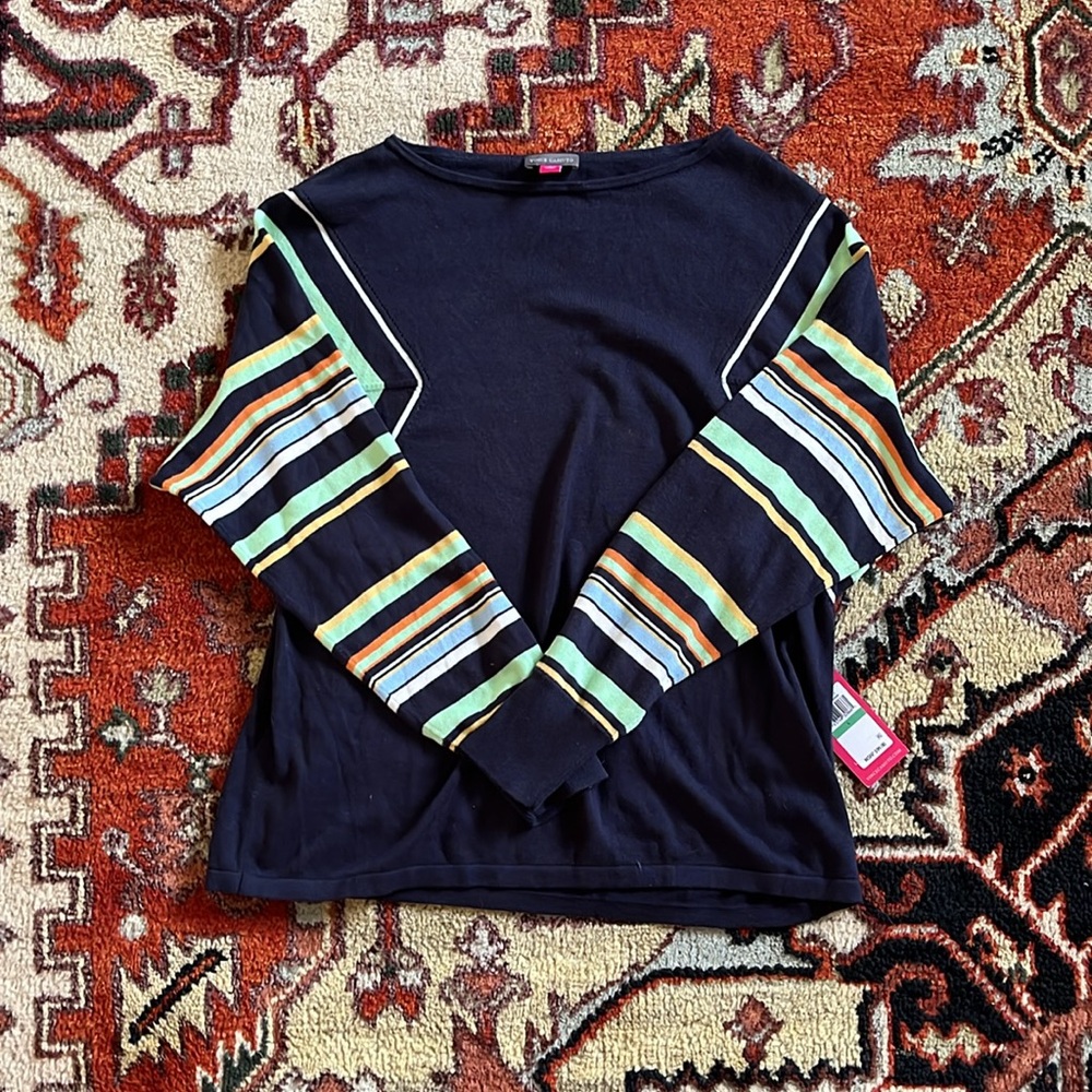 Vince Camuto Striped Dolman Sleeve Sweater Navy Boat Neck NWT Size Large - Picture 2 of 10